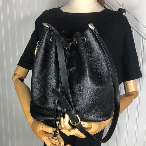 BURBERRYS Large Black Leather Bucket Drawstring Bag Nova Check Lining Authentic - Picture 16 of 17